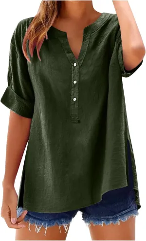 Linen Tops for Women 2025 Summer Button Down V Neck Shirts Casual Short Sleeve Loose Tshirt Cotton Linen Blouse Tees