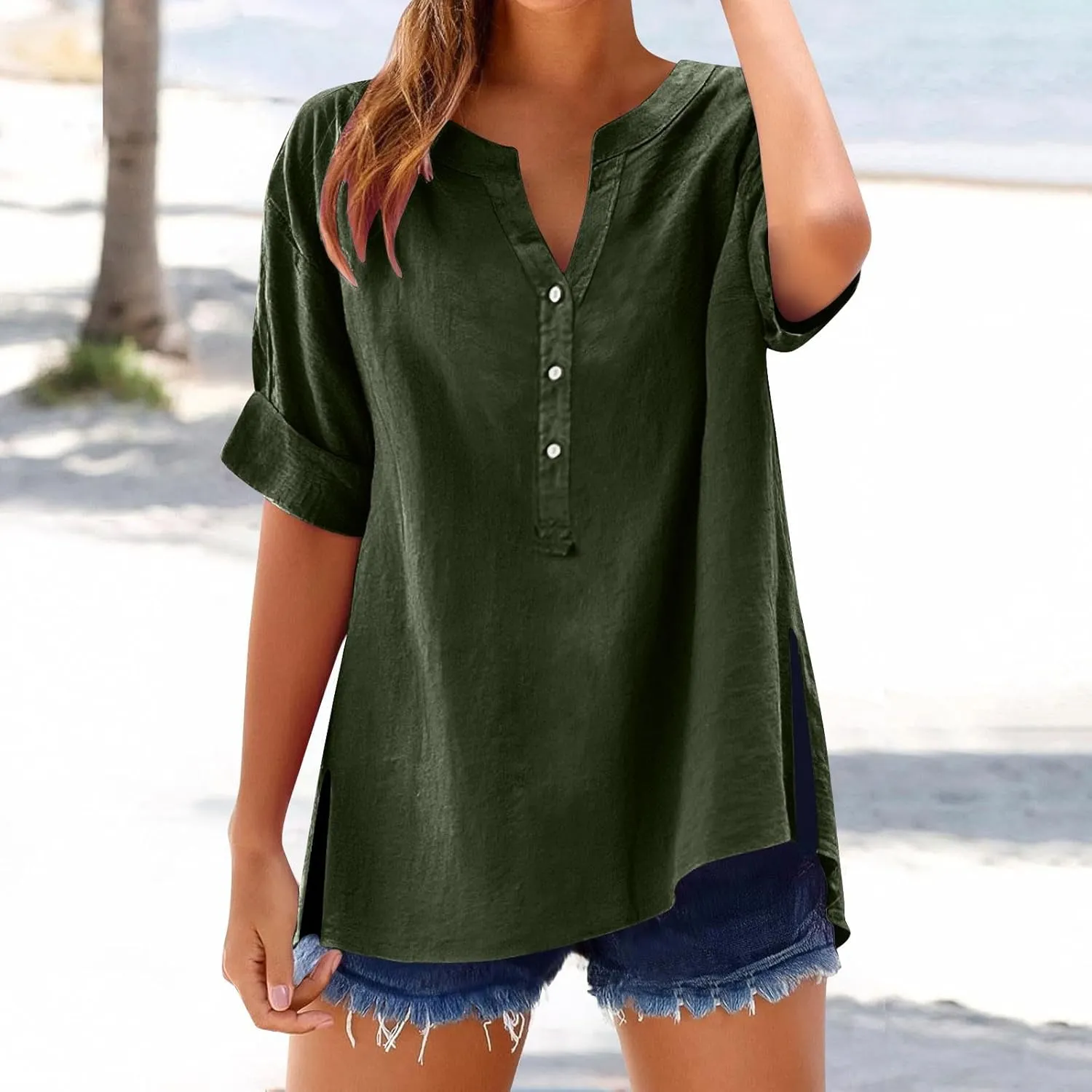 Linen Tops for Women 2025 Summer Button Down V Neck Shirts Casual Short Sleeve Loose Tshirt Cotton Linen Blouse Tees