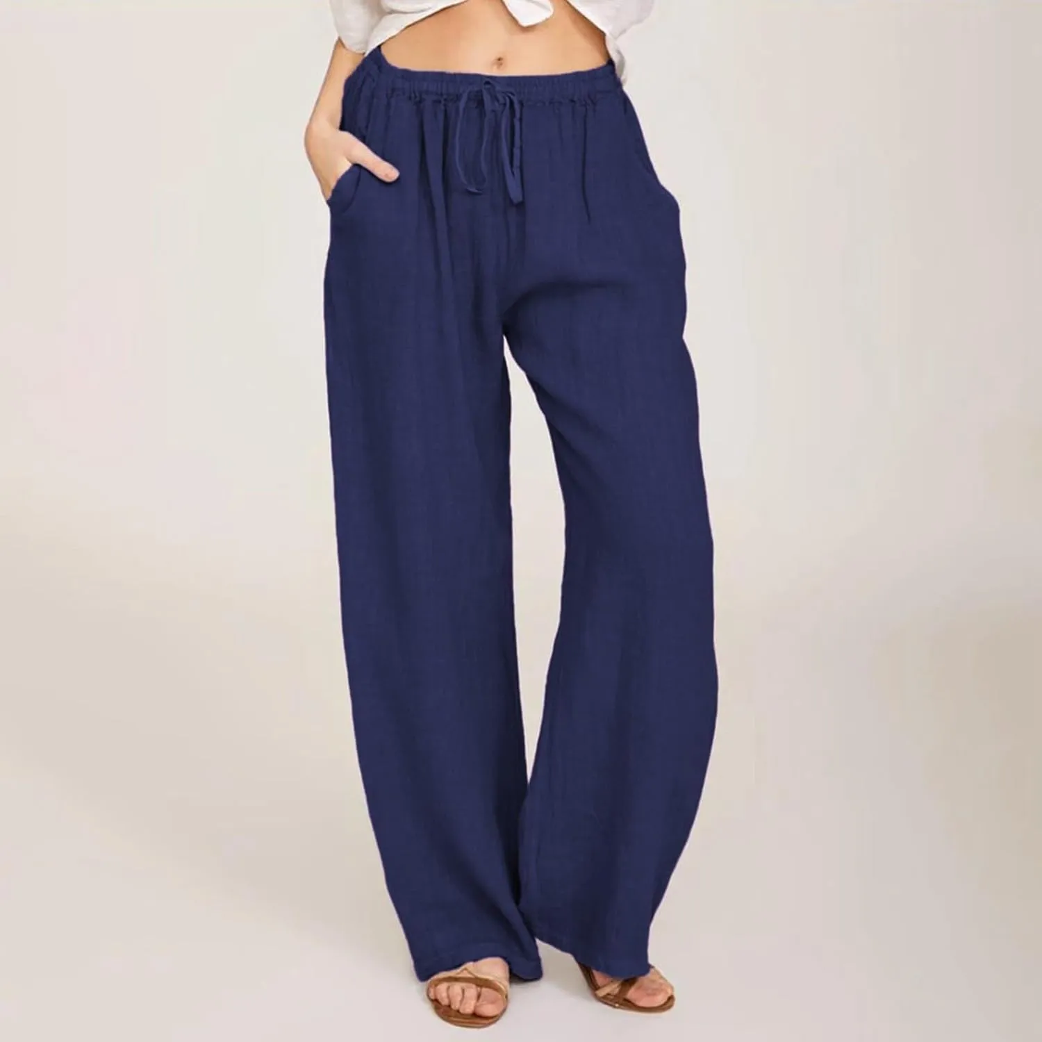 Linen Wide Leg Pants for Women Cotton Boho Elastic Waist Pants with Pockets 2025 Summer Business Causal Palazzo Pants