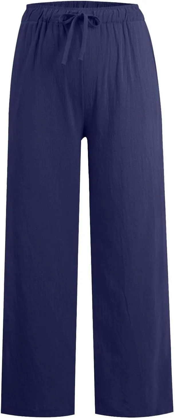Linen Wide Leg Pants for Women Cotton Boho Elastic Waist Pants with Pockets 2025 Summer Business Causal Palazzo Pants
