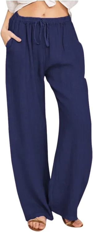 Linen Wide Leg Pants for Women Cotton Boho Elastic Waist Pants with Pockets 2025 Summer Business Causal Palazzo Pants
