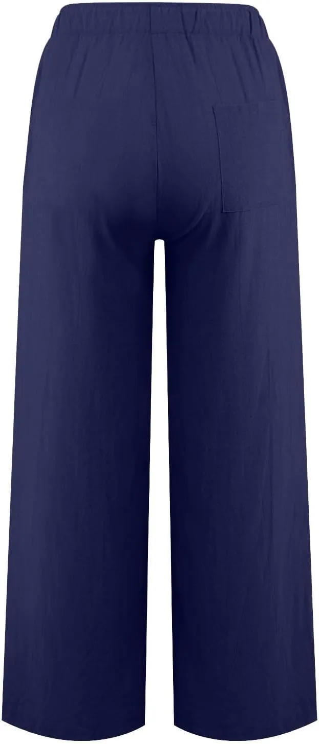 Linen Wide Leg Pants for Women Cotton Boho Elastic Waist Pants with Pockets 2025 Summer Business Causal Palazzo Pants