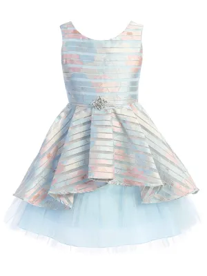 Little Girls Blue Floral Print Brooch Hi Low Flower Girl Dress 2-6