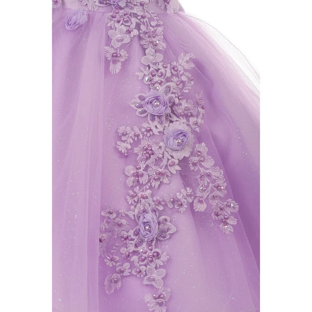 Little Girls Lavender Pearl Beaded Glitter Tulle Flower Girl Dress 2-6