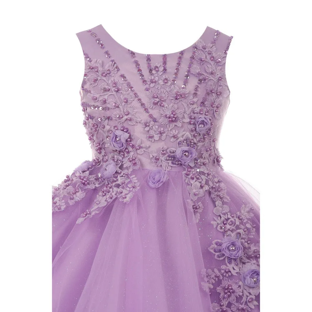 Little Girls Lavender Pearl Beaded Glitter Tulle Flower Girl Dress 2-6