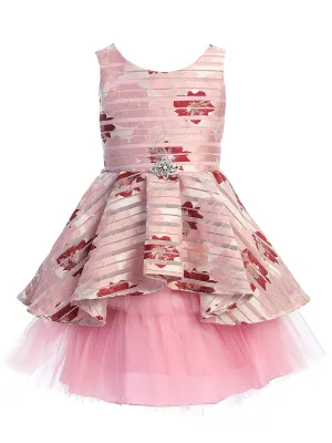Little Girls Rose Floral Print Brooch Hi Low Flower Girl Dress 2-6