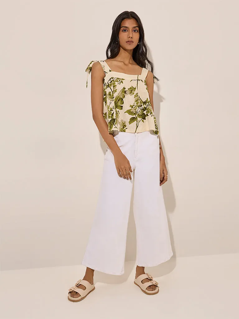 LOV Beige Botanical Printed Linen-Blend Top