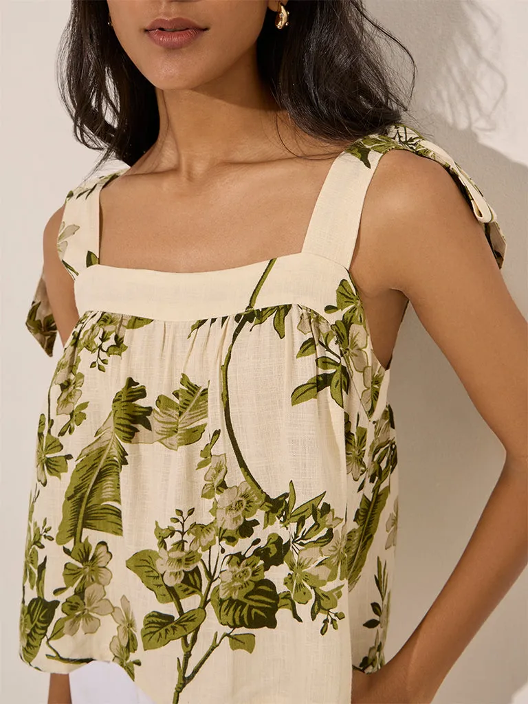 LOV Beige Botanical Printed Linen-Blend Top