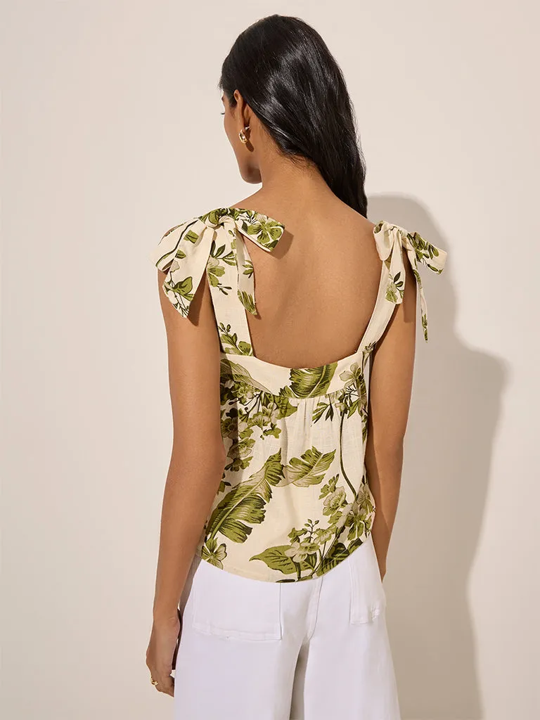 LOV Beige Botanical Printed Linen-Blend Top
