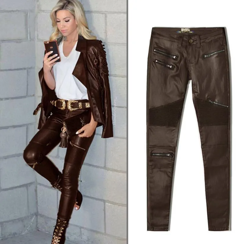 Low Waist Zippers Decoration Long Slim PU Pants
