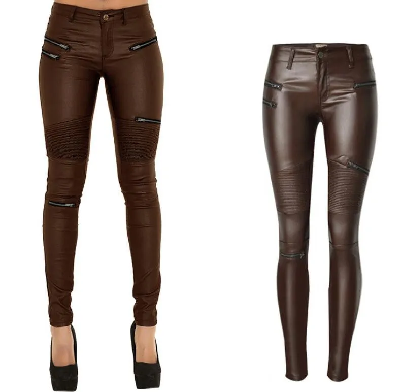 Low Waist Zippers Decoration Long Slim PU Pants