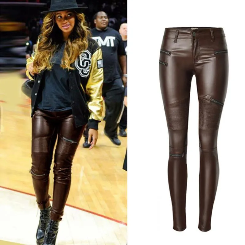 Low Waist Zippers Decoration Long Slim PU Pants