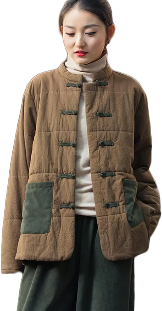 NFYM Women's Chinese Cotton Padded Coats Frog Button Down Winter Cotton Quilted Tang Suit Jackets with Pockets