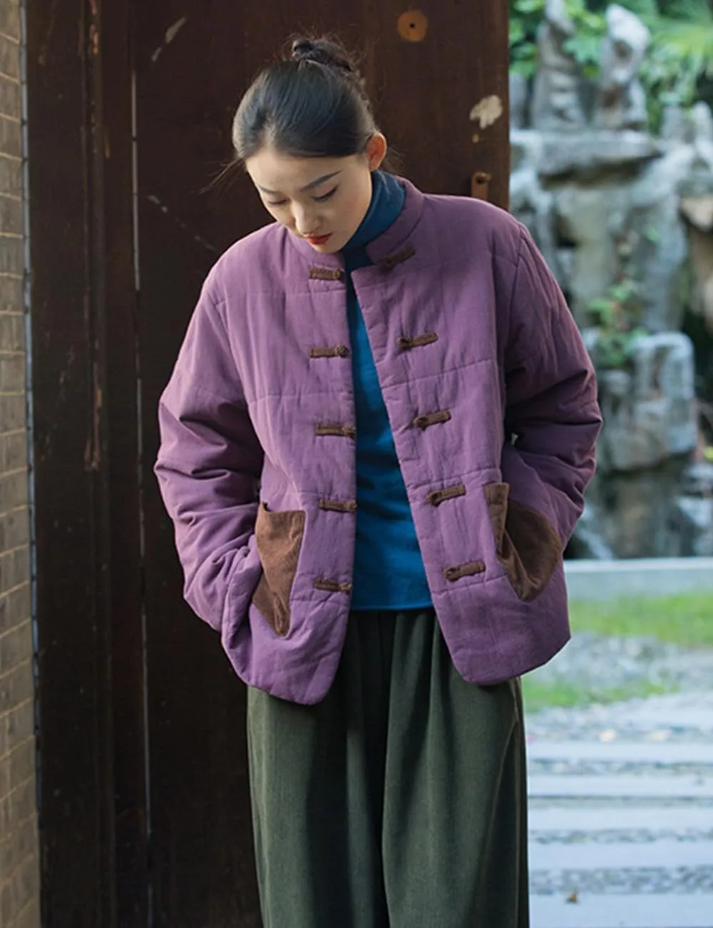 NFYM Women's Chinese Cotton Padded Coats Frog Button Down Winter Cotton Quilted Tang Suit Jackets with Pockets