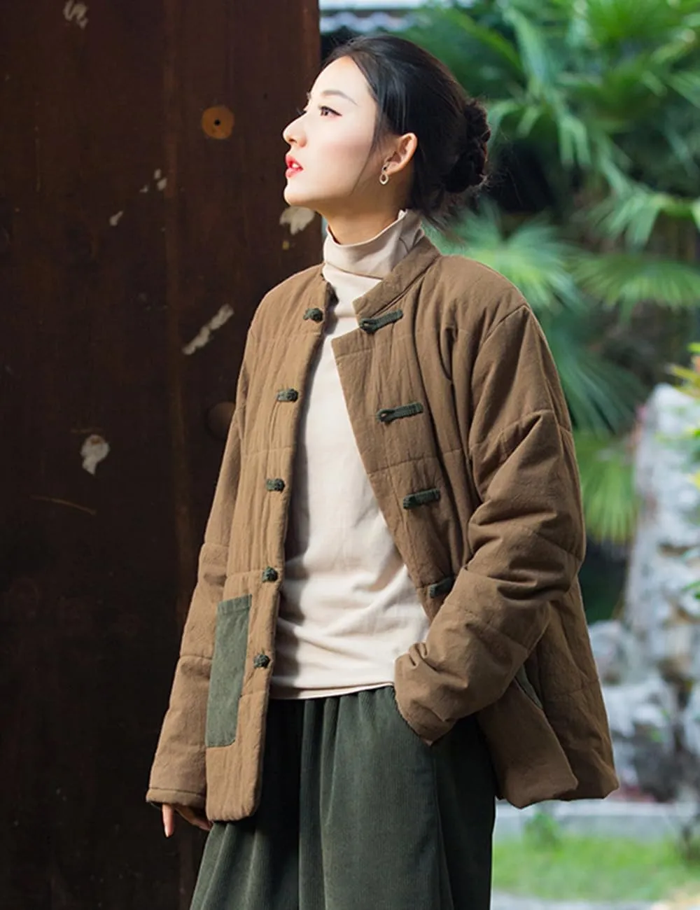 NFYM Women's Chinese Cotton Padded Coats Frog Button Down Winter Cotton Quilted Tang Suit Jackets with Pockets