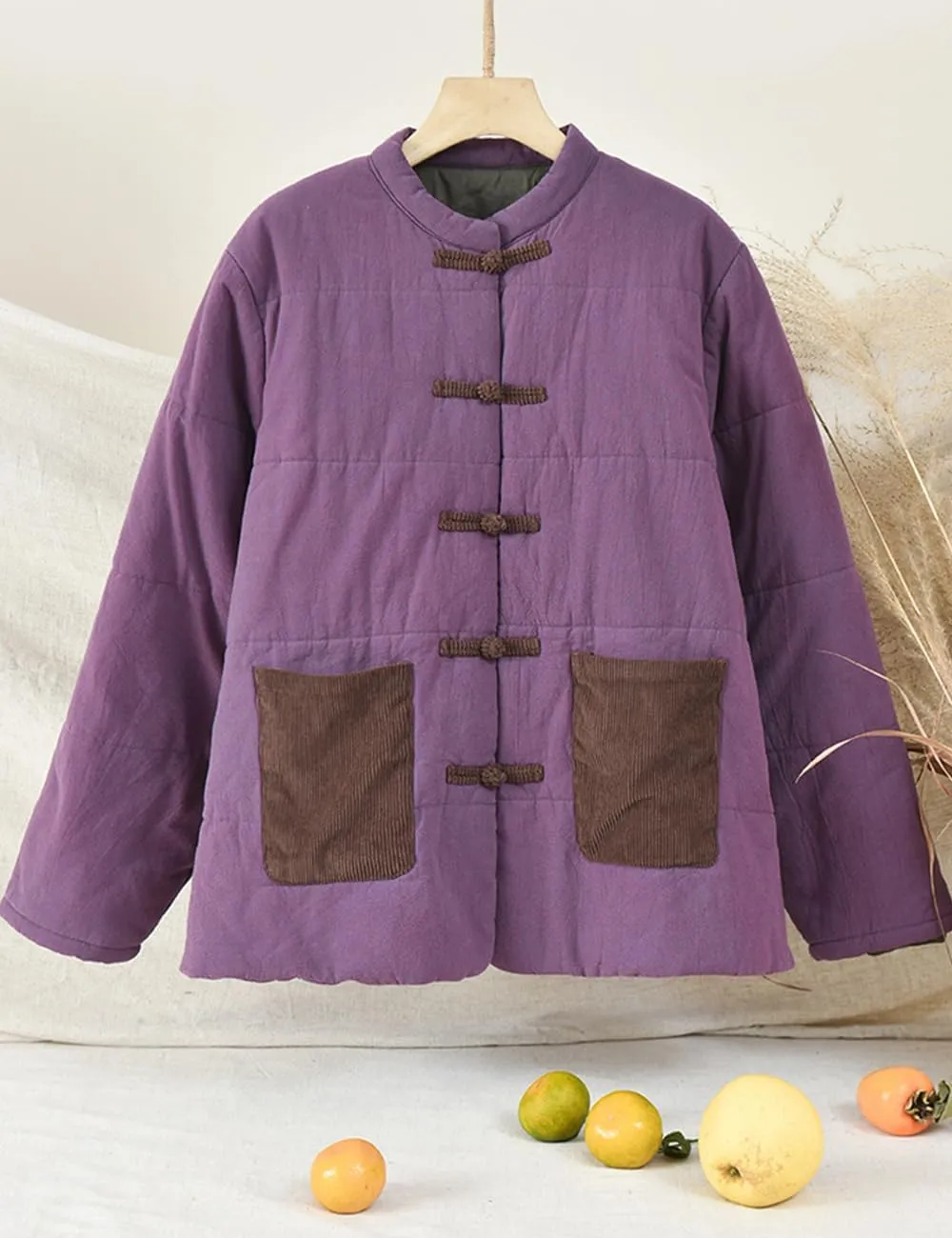 NFYM Women's Chinese Cotton Padded Coats Frog Button Down Winter Cotton Quilted Tang Suit Jackets with Pockets
