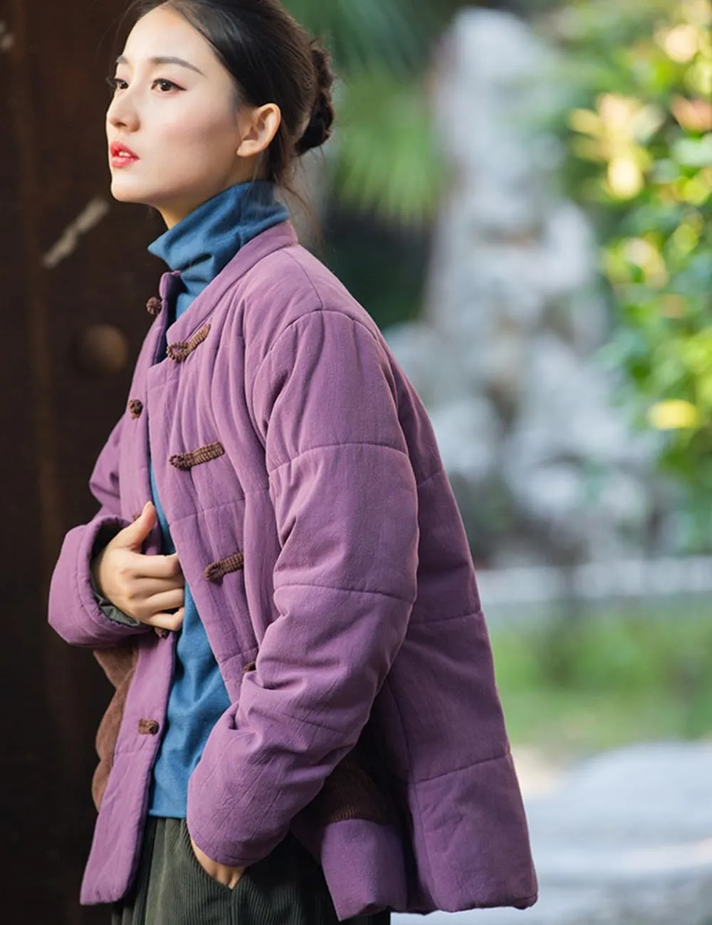 NFYM Women's Chinese Cotton Padded Coats Frog Button Down Winter Cotton Quilted Tang Suit Jackets with Pockets