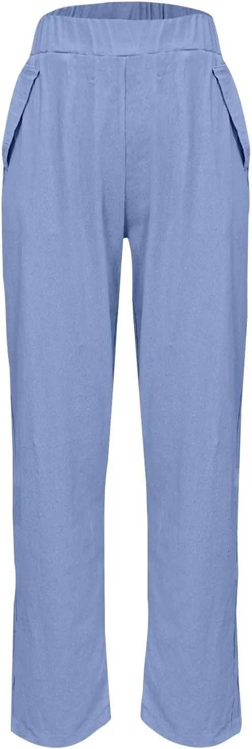 Pants for Women, Straight Leg Peasant Pants Linen Stripe Casual Comfortable Fit