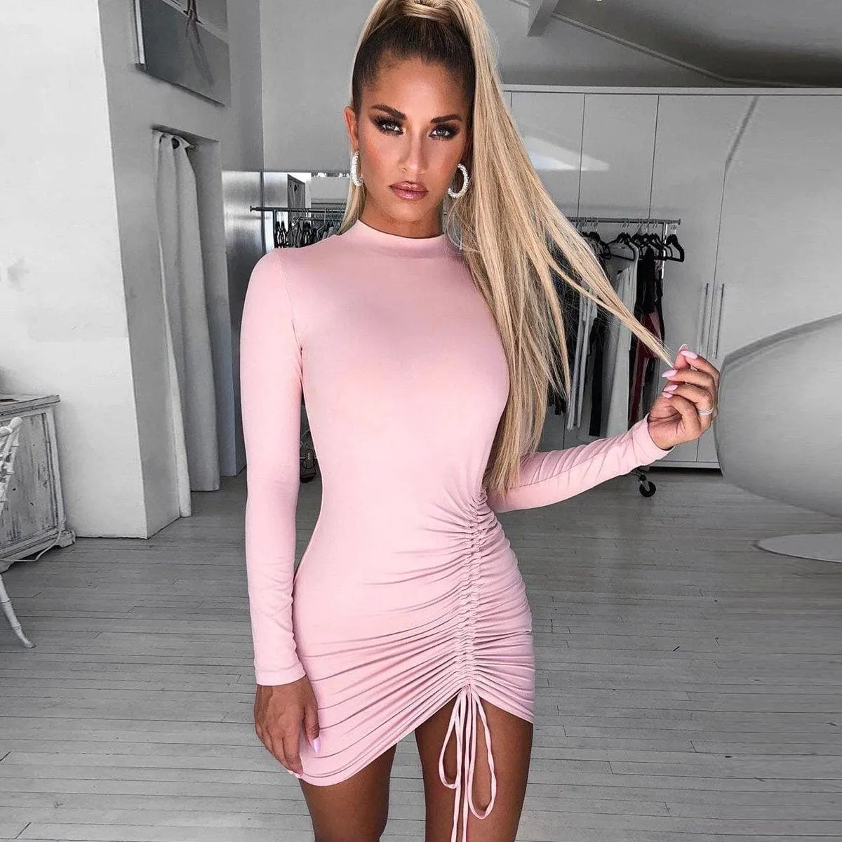 pink round neck long sleeve slim dress