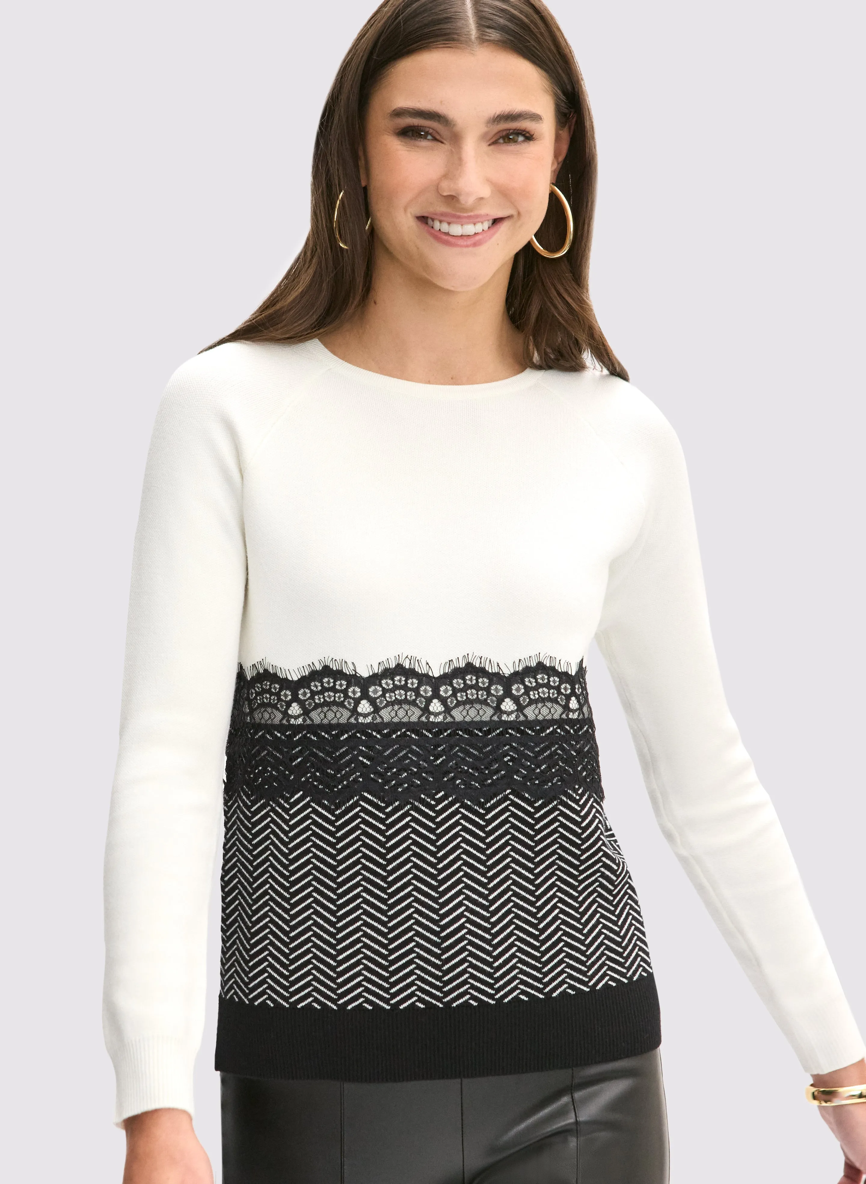 Printed Lace Overlay Sweater
