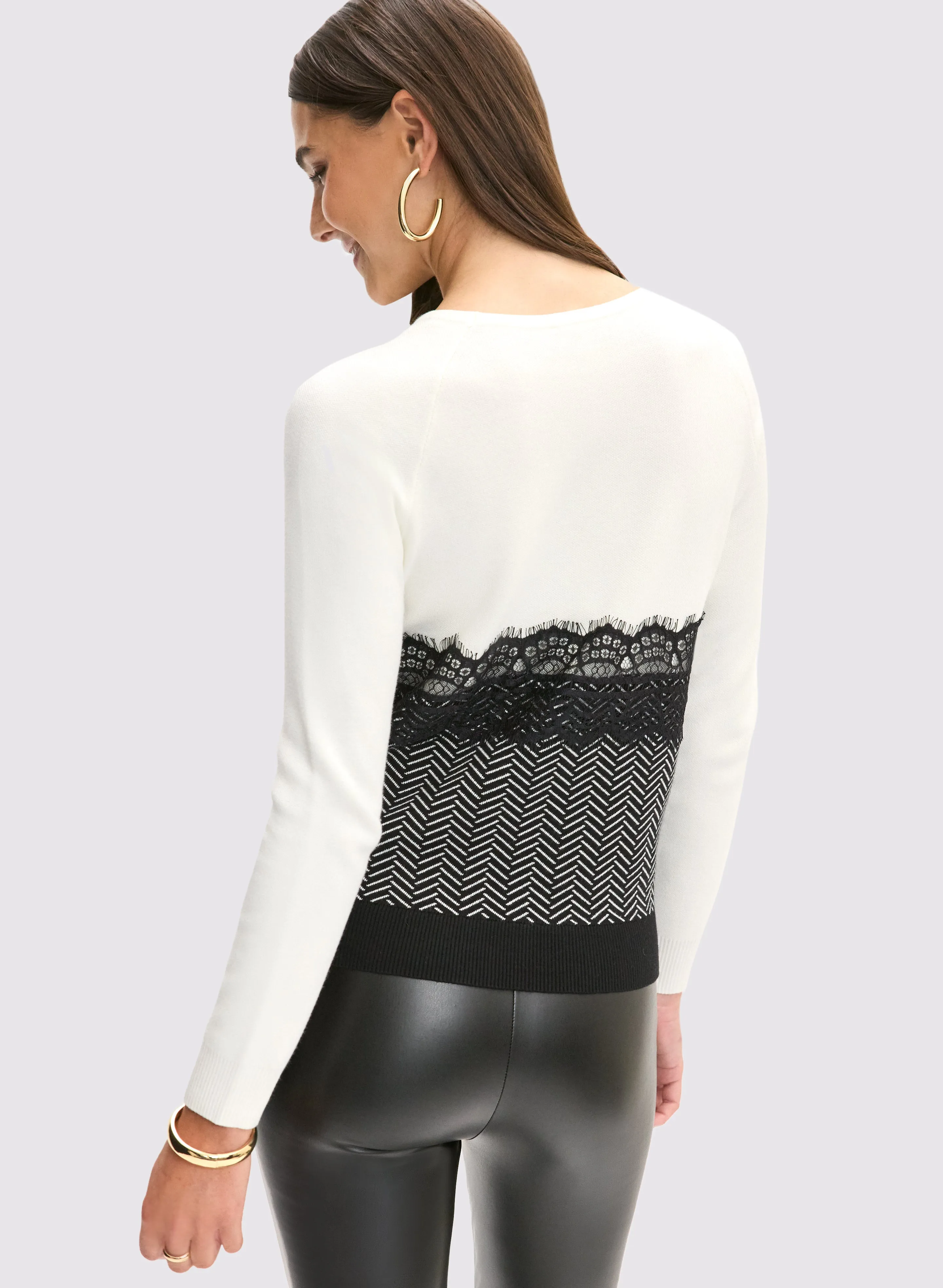 Printed Lace Overlay Sweater