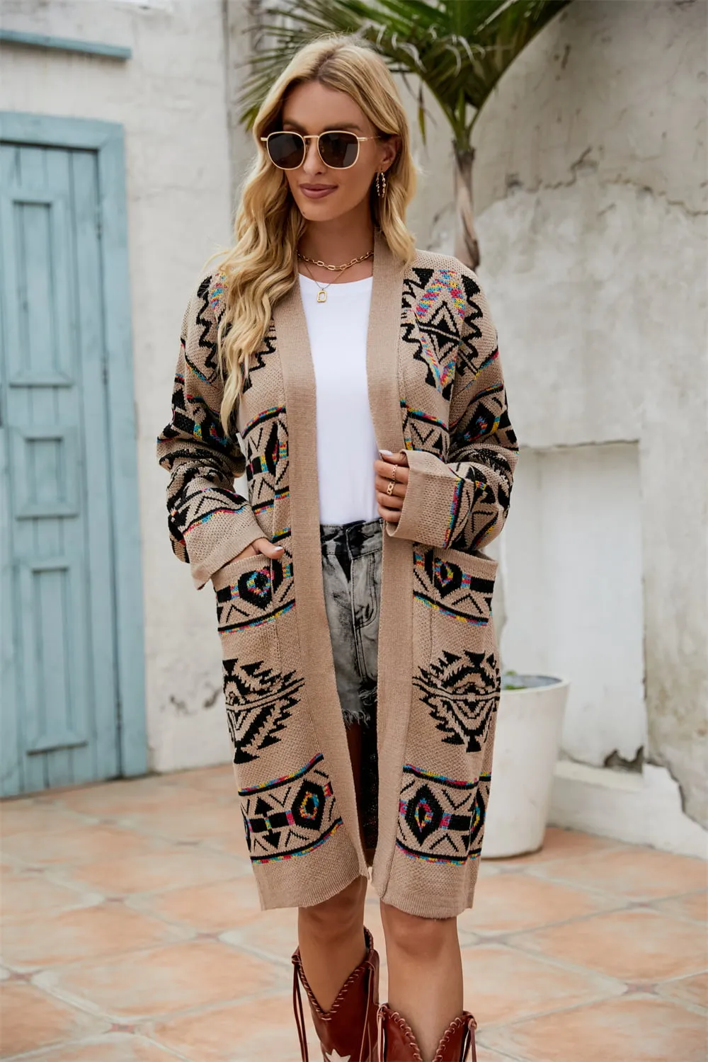 Printed Long Sleeve Cardigan with Pockets - 2 Colors