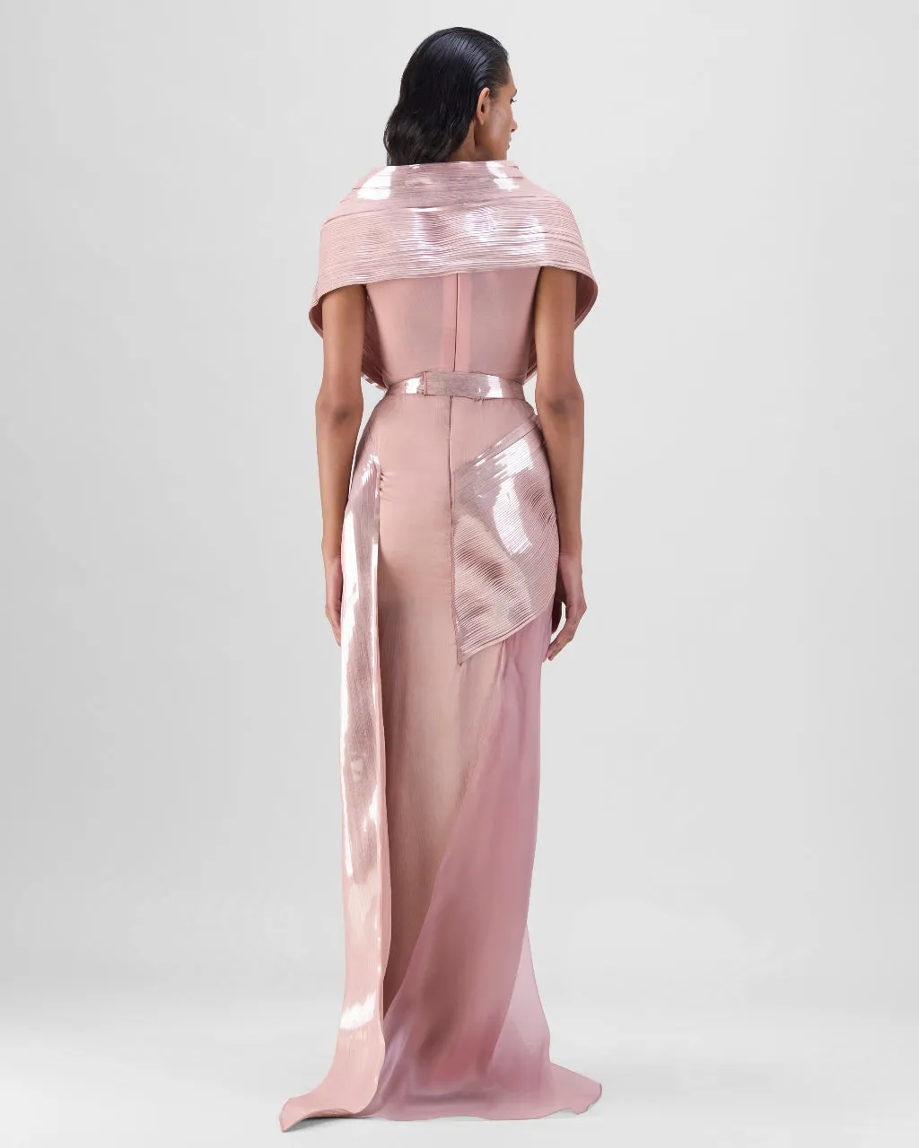 Rose Metallic Micro Pleated Structured Gown