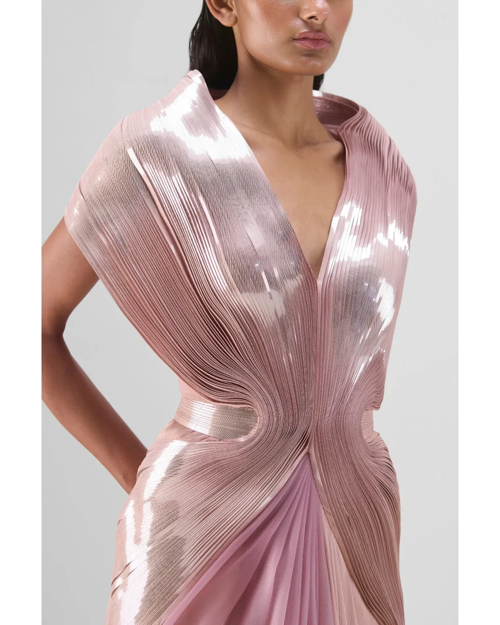 Rose Metallic Micro Pleated Structured Gown