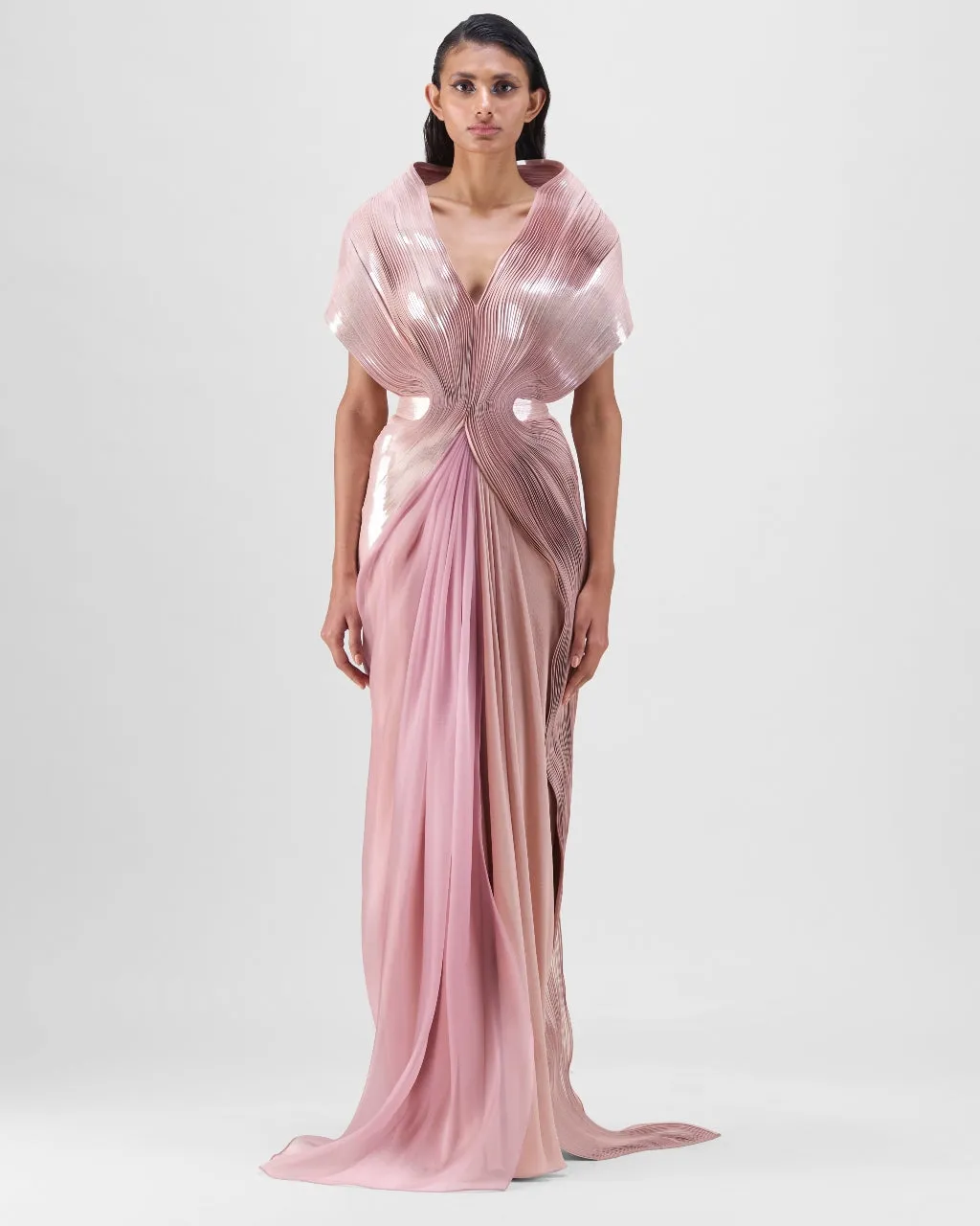 Rose Metallic Micro Pleated Structured Gown