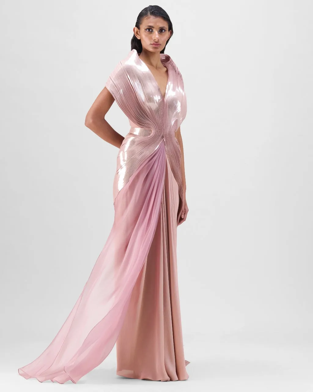 Rose Metallic Micro Pleated Structured Gown