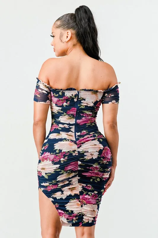 Ruffled Romance Floral Off Shoulder Mesh Dress
