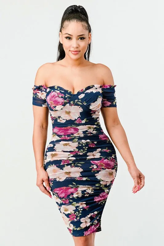 Ruffled Romance Floral Off Shoulder Mesh Dress
