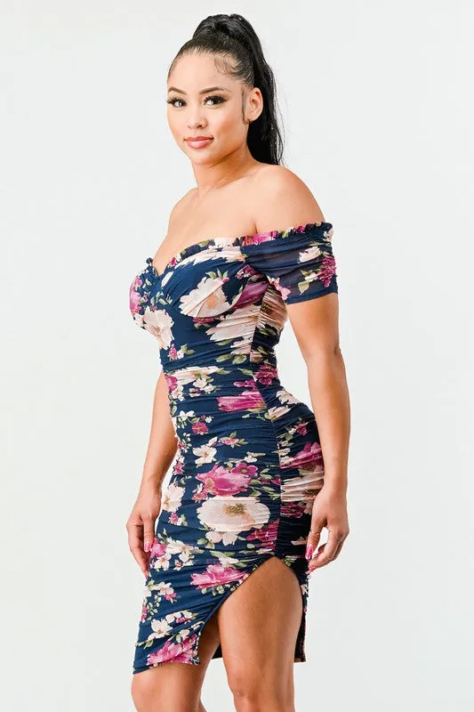 Ruffled Romance Floral Off Shoulder Mesh Dress