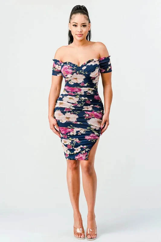 Ruffled Romance Floral Off Shoulder Mesh Dress