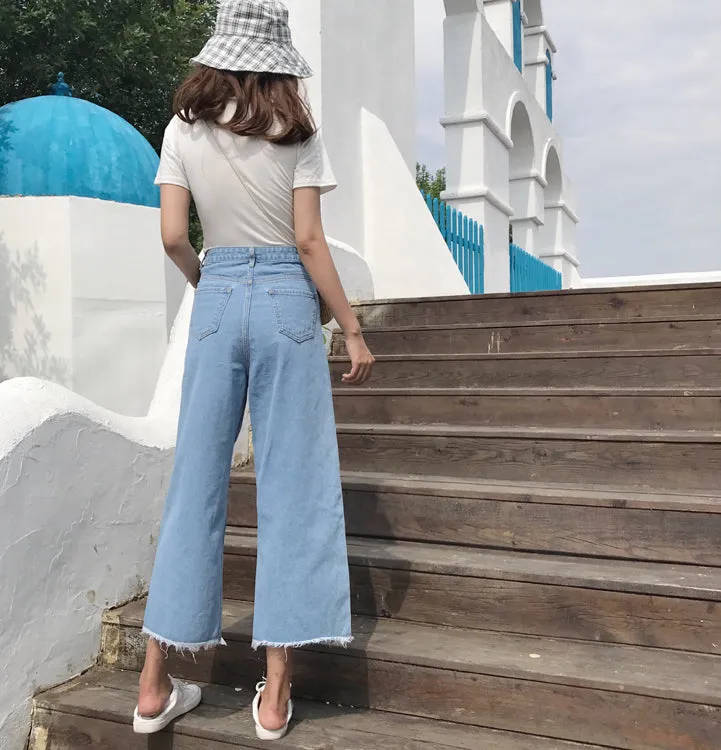 Ruffles High Waist Pure Color Loose Wide-leg 9/10 Long Denim Jeans Pants