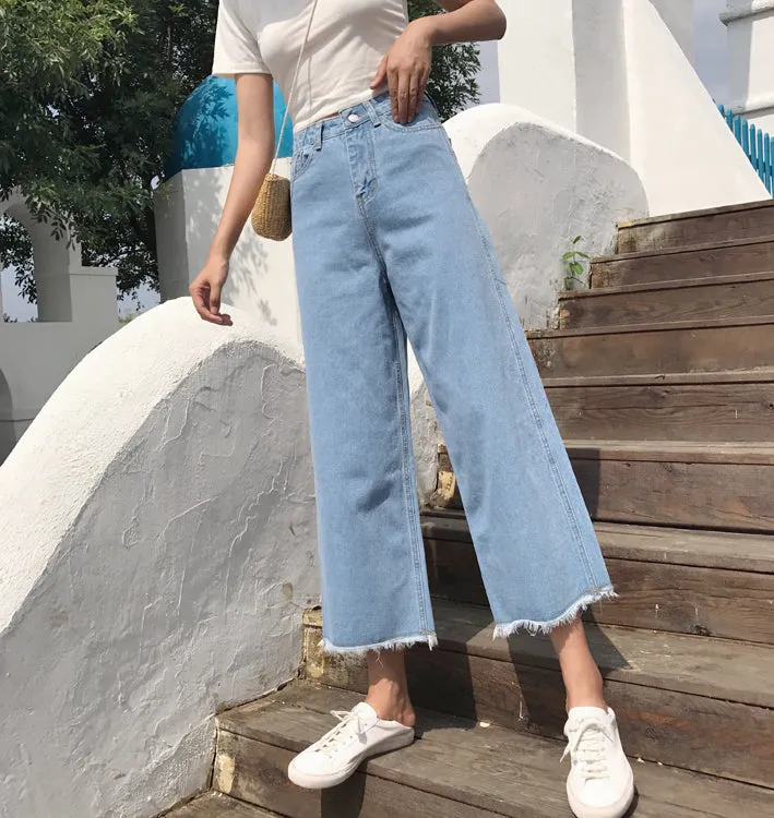 Ruffles High Waist Pure Color Loose Wide-leg 9/10 Long Denim Jeans Pants