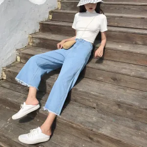 Ruffles High Waist Pure Color Loose Wide-leg 9/10 Long Denim Jeans Pants