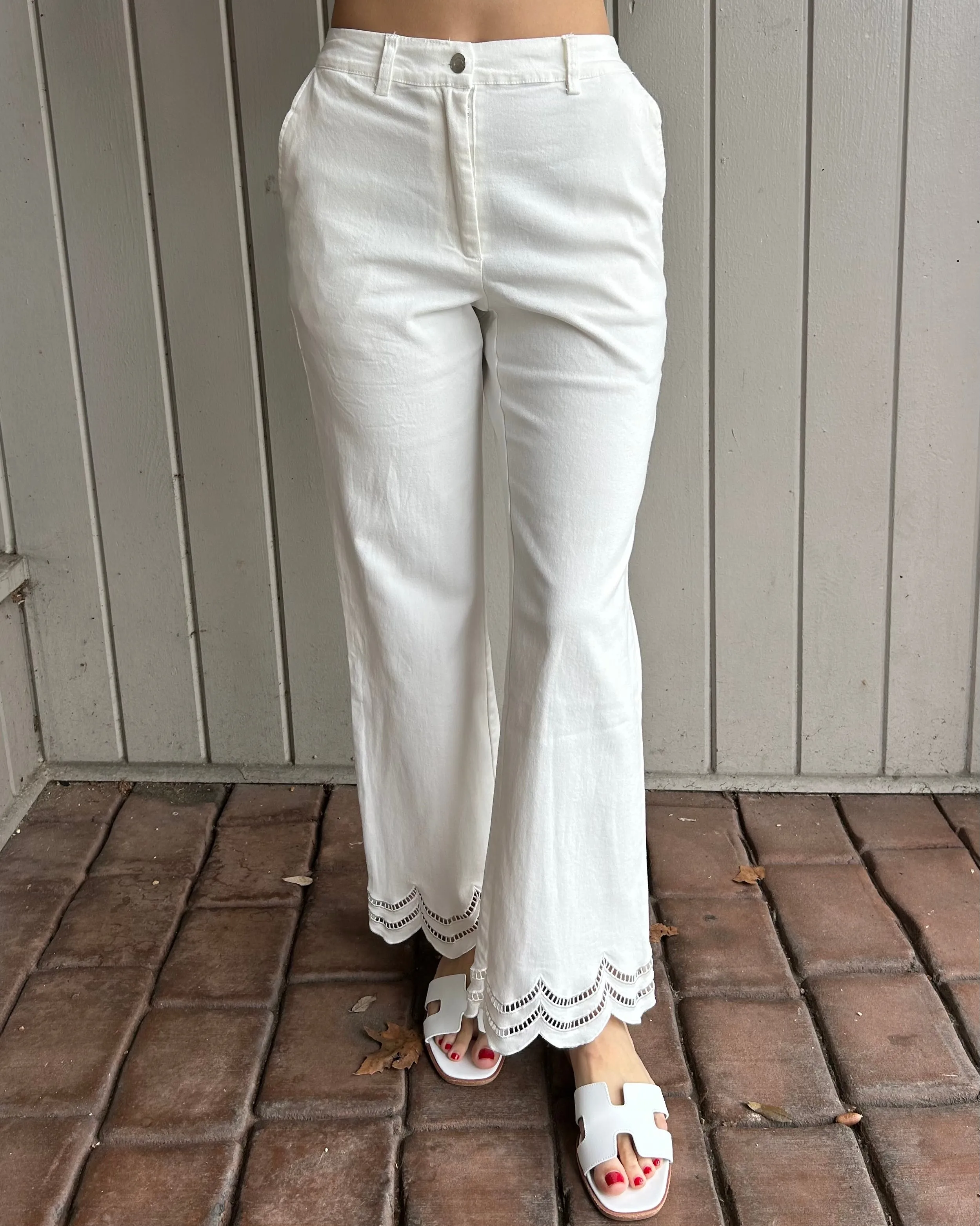 Scallop Hem Pants - White