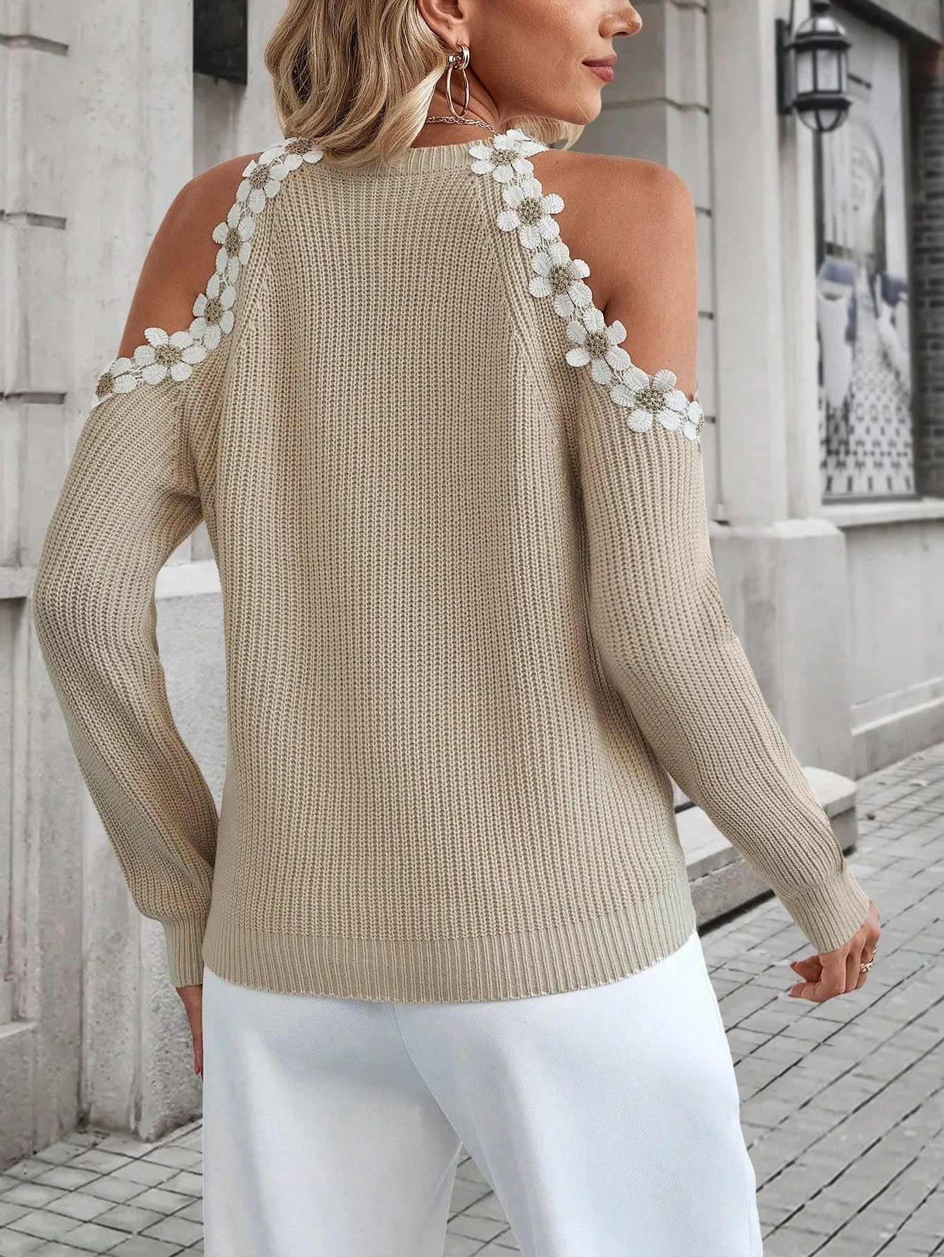 SHEIN Essnce Appliques Cold Shoulder Raglan Sleeve Sweater