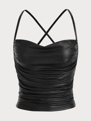 SHEIN ICON Draped Front Crisscross Backless PU Leather Cami Going Out Tops