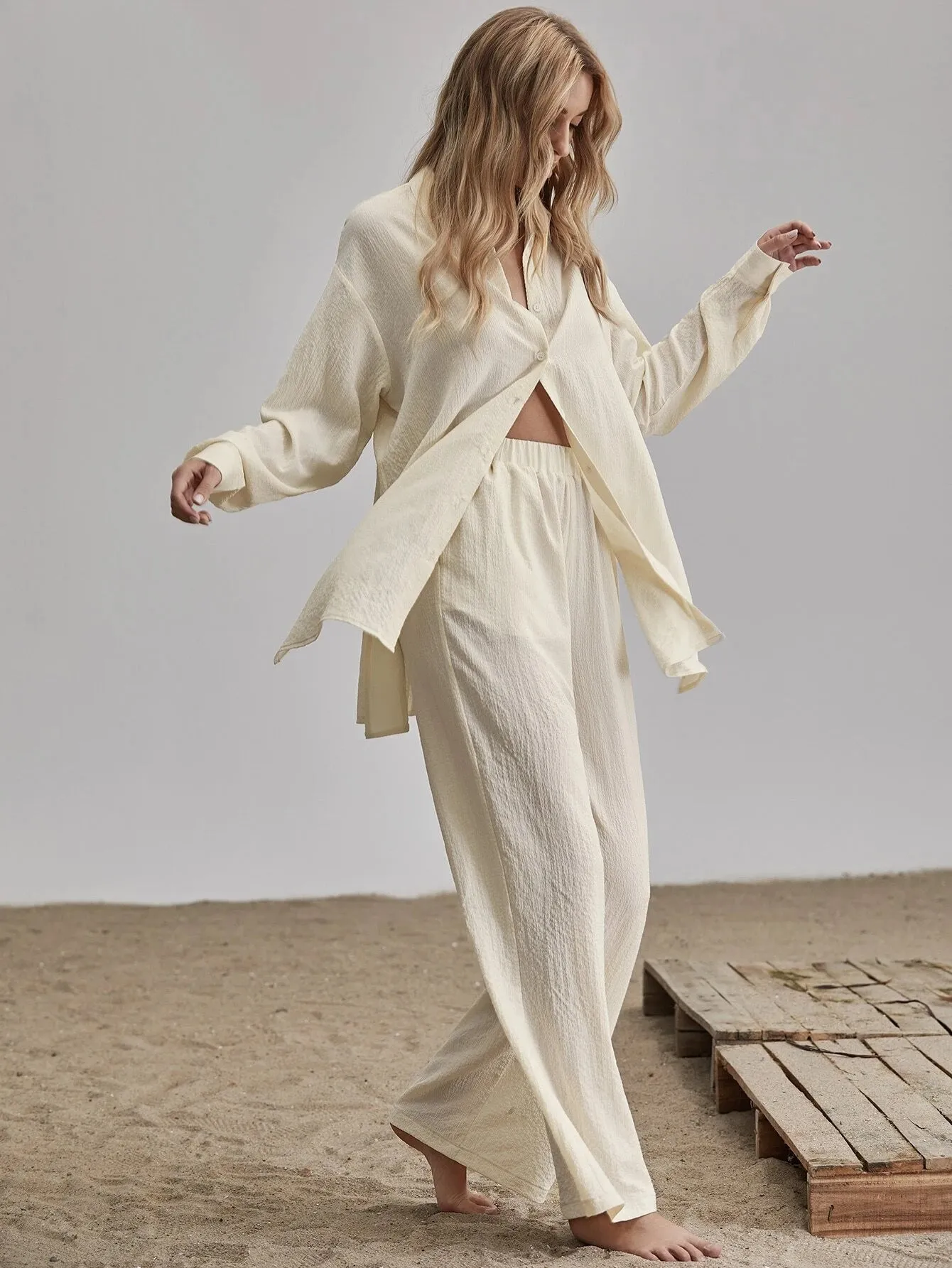 SHEIN Unity Slit Hem Longline Blouse & Wide Leg Pants Set