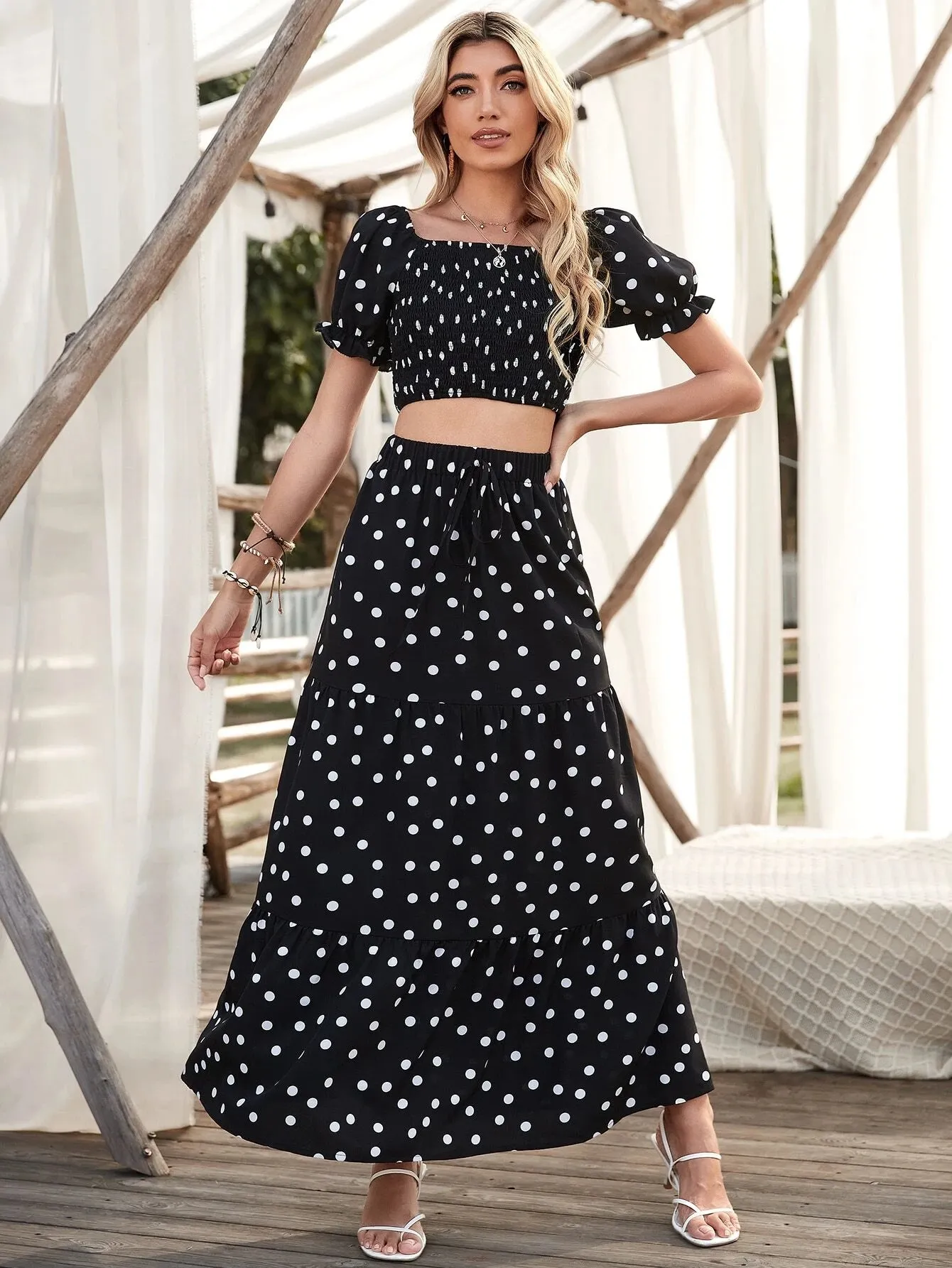 SHEIN VCAY Square Neck Allover Print Shirred Puff Sleeve Crop Top & Polka Dot Print Skirt