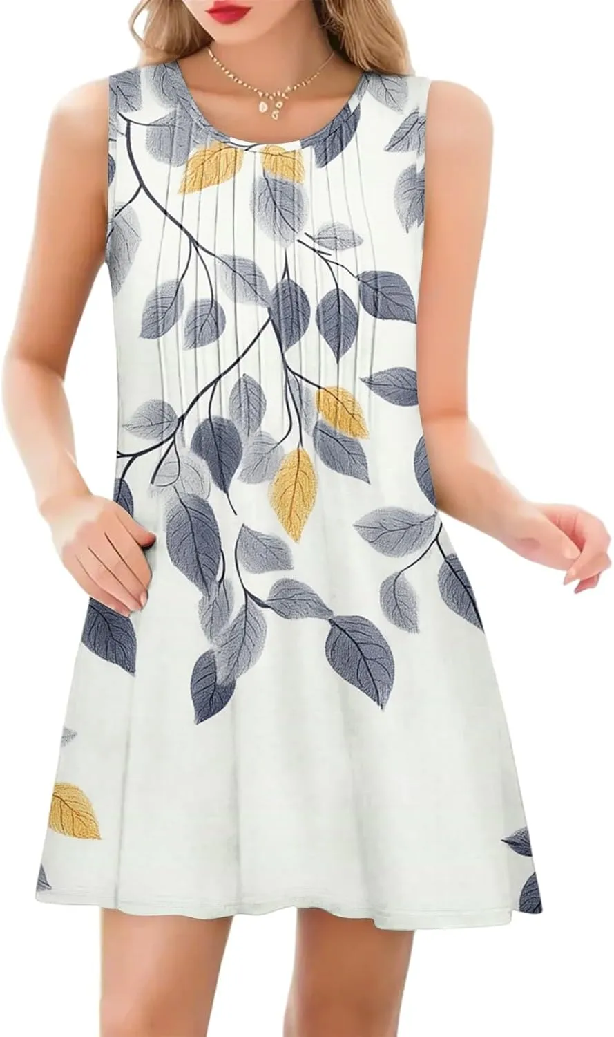 Summer Dresses for Women Casual Sundress Floral Printed Pleated Mini Dress with Pocket Beach Cover Up Swimsuits