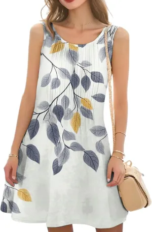 Summer Dresses for Women Casual Sundress Floral Printed Pleated Mini Dress with Pocket Beach Cover Up Swimsuits