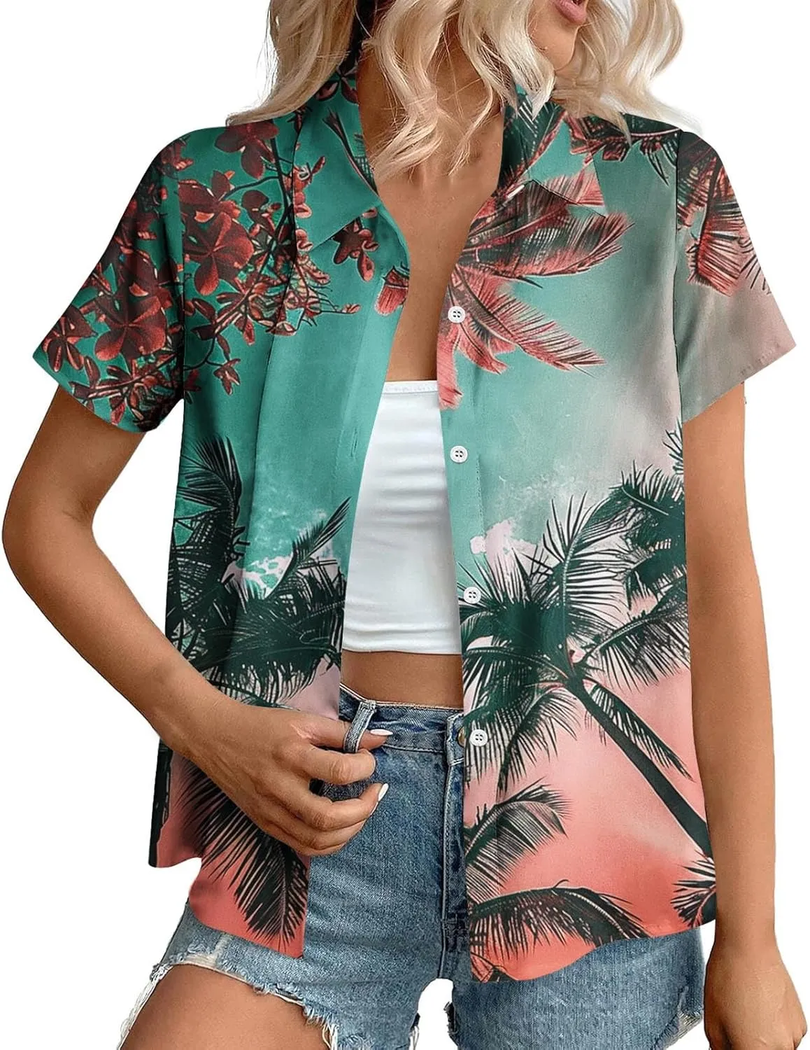 Summer Hawaii Shirts for Women Cool Floral Tropic Print V Neck Tops Button Up T-Shirt Trendy Beach Vacation Blouse
