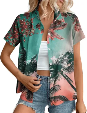 Summer Hawaii Shirts for Women Cool Floral Tropic Print V Neck Tops Button Up T-Shirt Trendy Beach Vacation Blouse