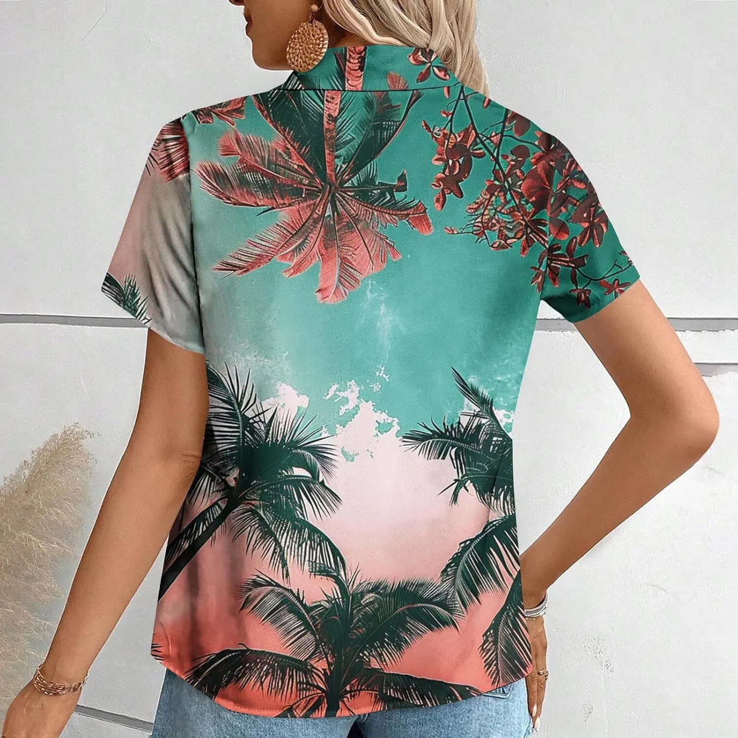 Summer Hawaii Shirts for Women Cool Floral Tropic Print V Neck Tops Button Up T-Shirt Trendy Beach Vacation Blouse
