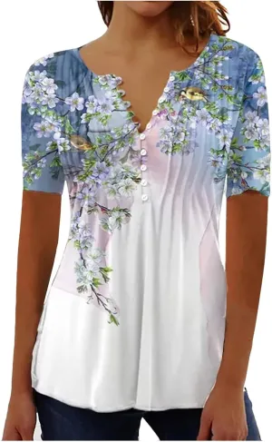 Summer Tops for Women 2025 Trendy Boho Floral Shirts Short Sleeve V Neck T-Shirt Graphic Tees Blouse
