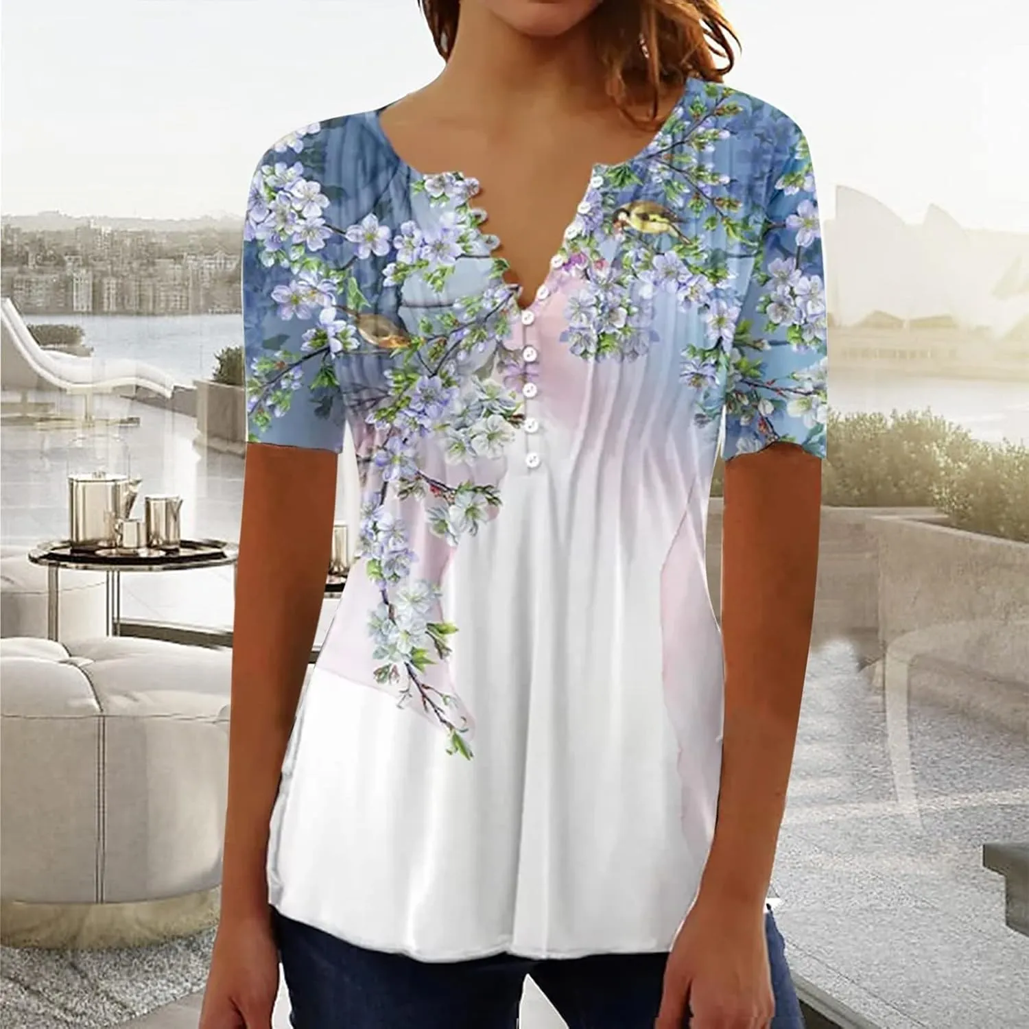 Summer Tops for Women 2025 Trendy Boho Floral Shirts Short Sleeve V Neck T-Shirt Graphic Tees Blouse