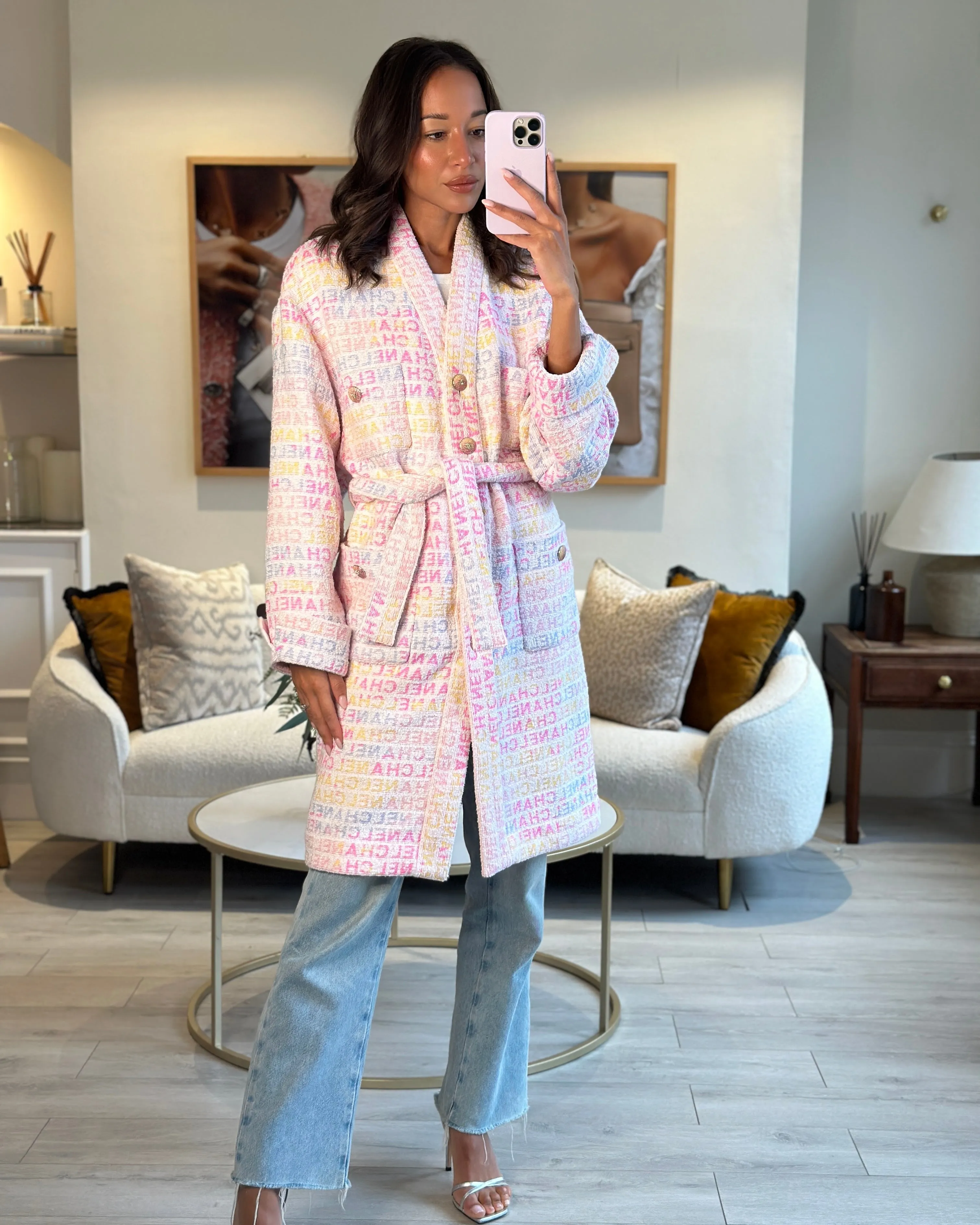 *super Hot*trendy Inspired  Chanel Resort 2024 Pink & White Robe Coat With Belt & Multi-coloured Chanel Logo Details Size Fr 36 (uk 8)